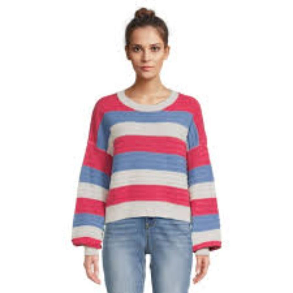 Women's Striped Long Sleeve Sweater- Pink, Blue, and Off-White, Large